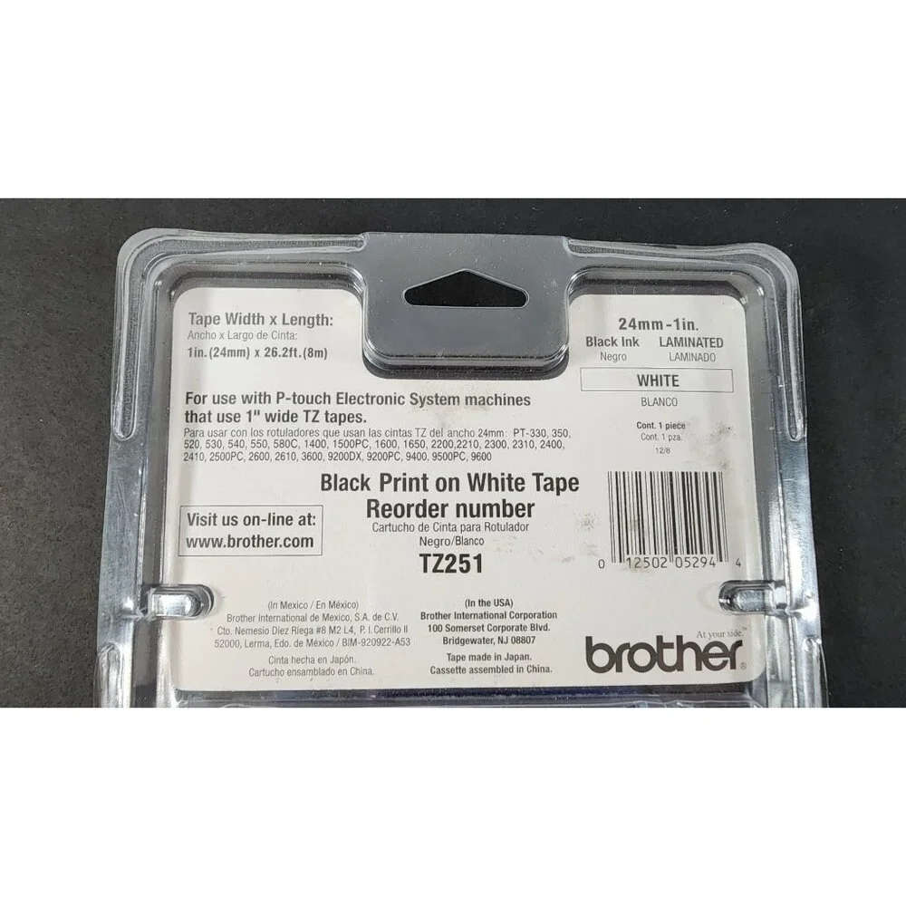 GENUINE BROTHER P TOUCH TZ 251 LABELING TAPE BLACK INK ON WHITE 1 INCH 1